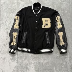 Aelfric Eden Black Bones Varsity Jacket Medium Patchwork Faux Leather Sleeve
